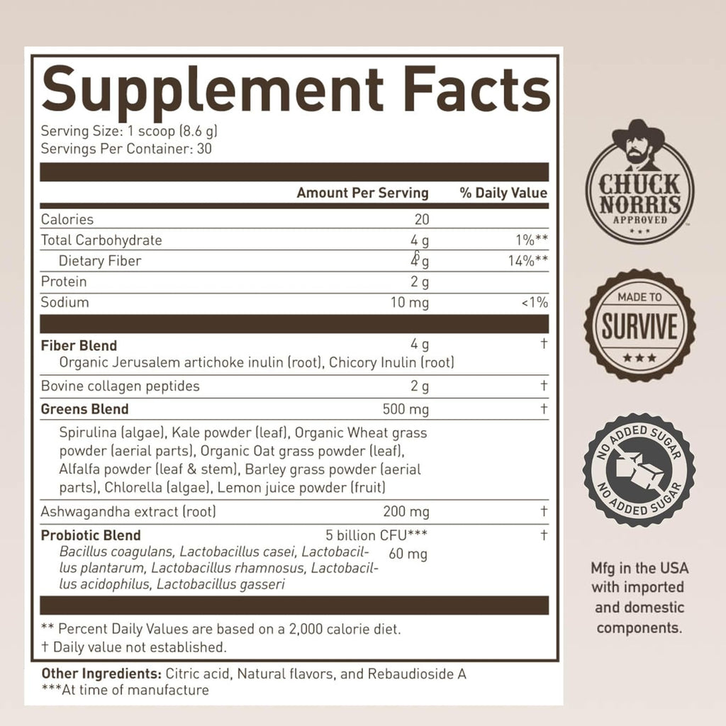 ROUNDHOUSE PROVISION Morning Kick, Zero Sugar Greens Superfood Powder Supplement with Ashwagandha, Collagen, Probiotics, Debloat Drink, 30 Servings (Strawberry Lemonade) by Chuck Norris