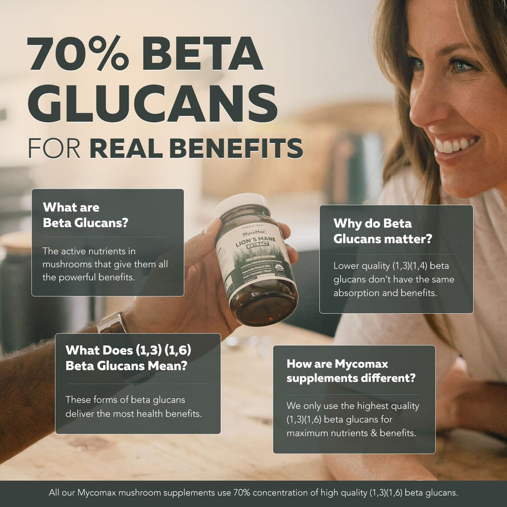 MycoMax Lions Mane Supplement - 70% Beta Glucans, Max Potency Organic Lions Mane Extract, US Grown + Ultrasonic Extraction - 500 mg serving - Supports Mental Clarity, Focus and Memory - 60 Capsules
