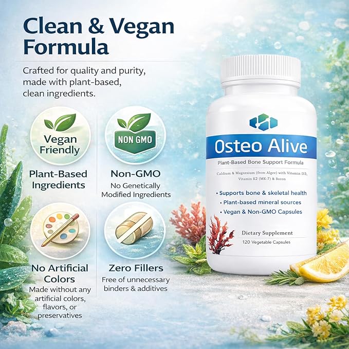 Osteo Alive Bone Support, with Plant-Based Calcium & Magnesium (from Algae), Vitamin D3 (from Lichen), Vitamin K2 (MK-7), Boron & BioPerine, Helps Support Bone & Skeletal Health
