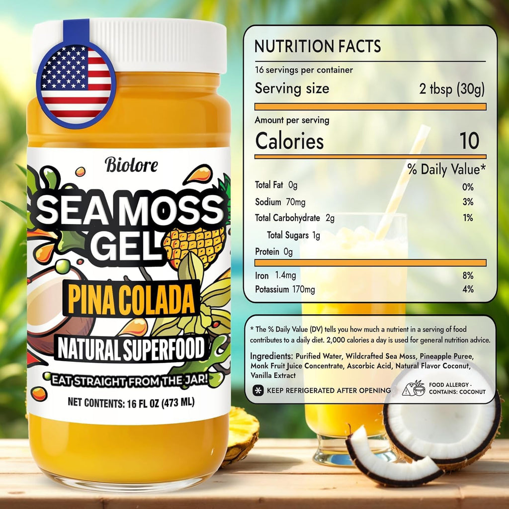 Biolore Pina Colada Sea Moss Gel 16 oz - No Added Sugar, Vegan, Made in USA - Wildcrafted Sea Moss Superfood with 92 Essential Vitamins - Ready to Use, No Prep Needed