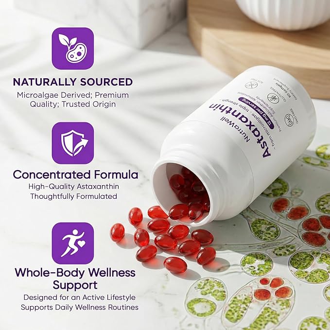 Nutrawell Astaxanthin - Daily Antioxidant Wellness Supplement with Naturally Sourced Astaxanthin Clean Formula for Active Adult Lifestyle Easy to Take Capsules - 90 Softgels (1)