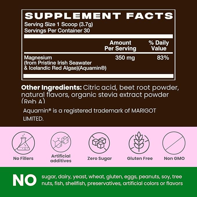 Whole Food Magnesium Powder (30 Servings) | from Ocean Sea Water & Icelandic Red Algae | Helps Sleep, Brain Function & Heart Health | Mixed Berry Flavor