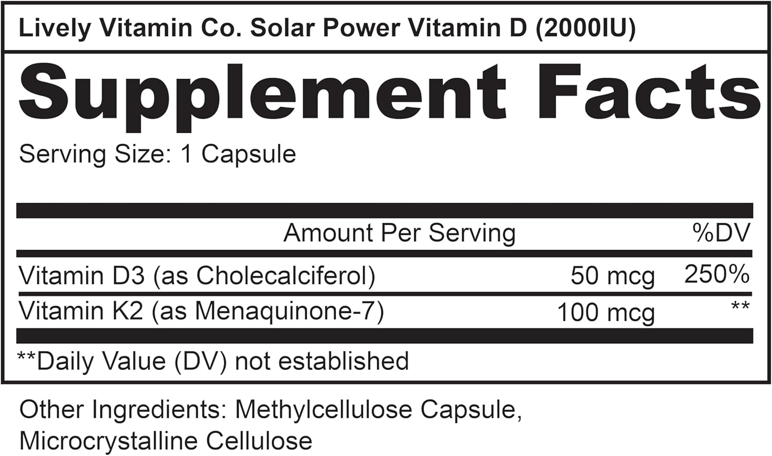 LIVELY VITAMIN CO. Solar Power Vitamin D3 2000 iu - Patented Vitamin K - MK7 - Immune Balance - Brain Function - Mood - Heart - Stress - 60 Count