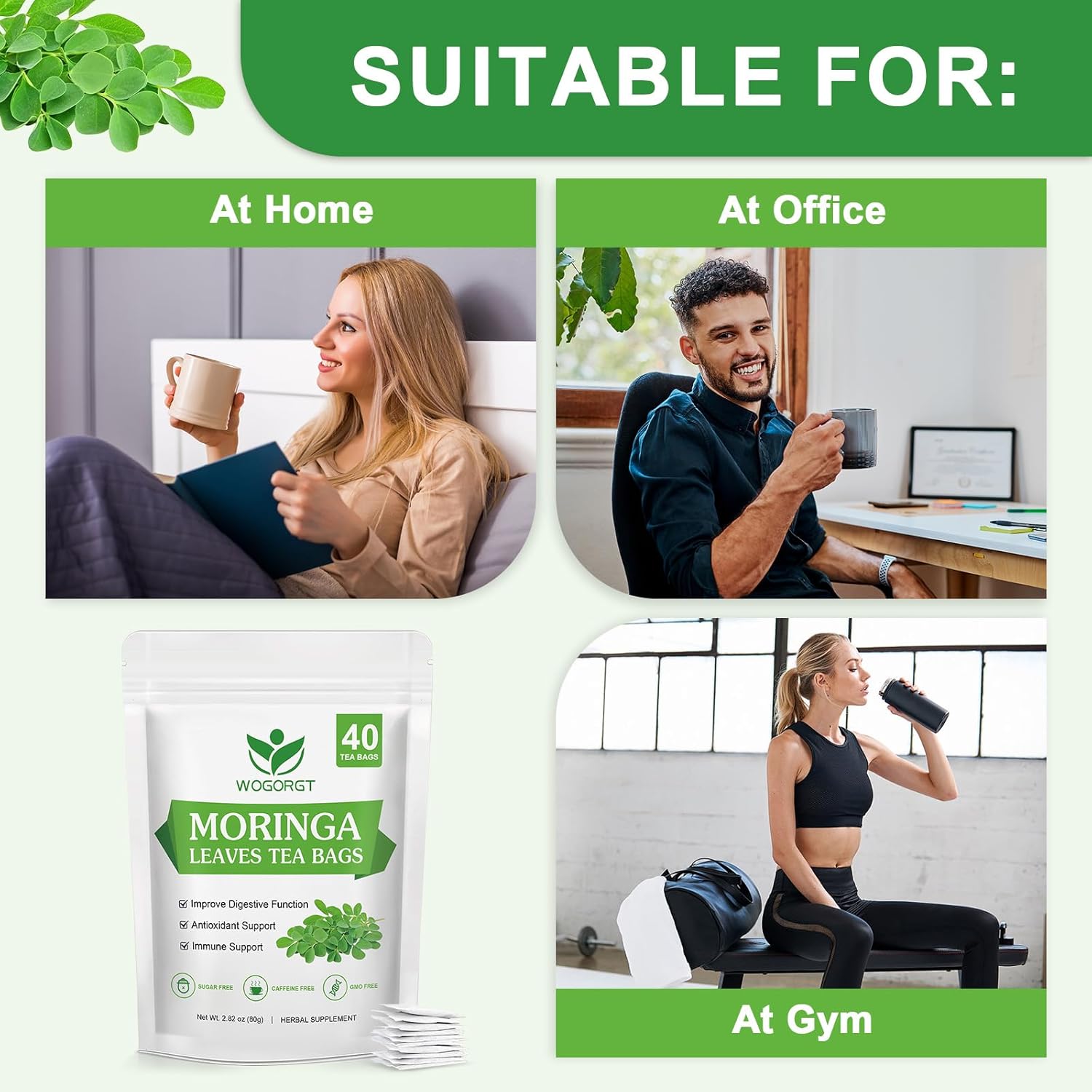 WOGORGT Organic Moringa Tea Bags - Pure Moringa Leaves Herbal Tea from India - Rich in Natural Antioxidants & Supports Daily Wellness - Caffeine Free, Sugar Free, Vegan - 40 Tea Bags