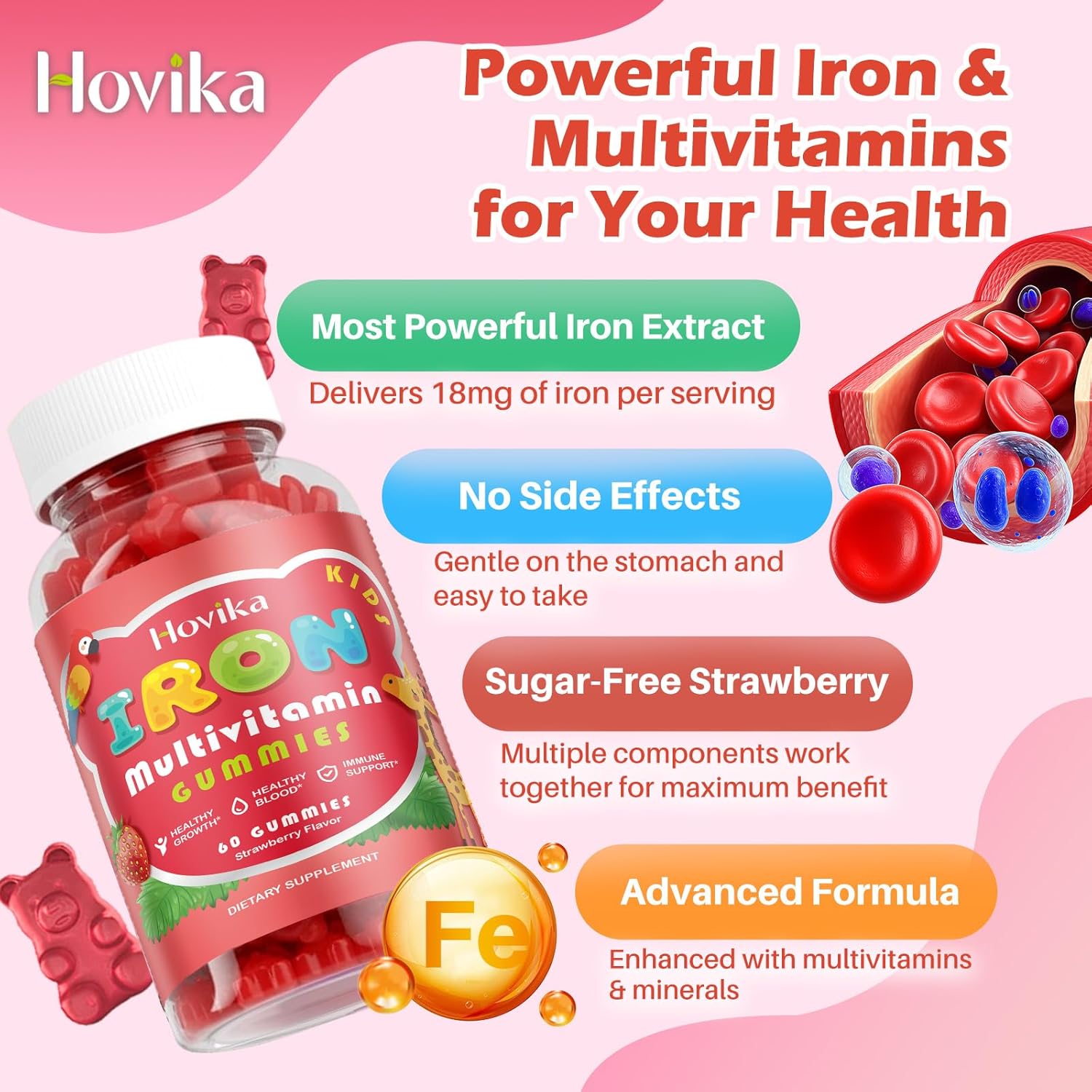 Iron Supplement Gummies for Kids with Multivitamin, Calcium, Zinc, Folate - Kids Iron Gummies Support Immune, Blood Builder, Iron Deficiency, Anemia & Energy - Vegan, Strawberry 60 Count