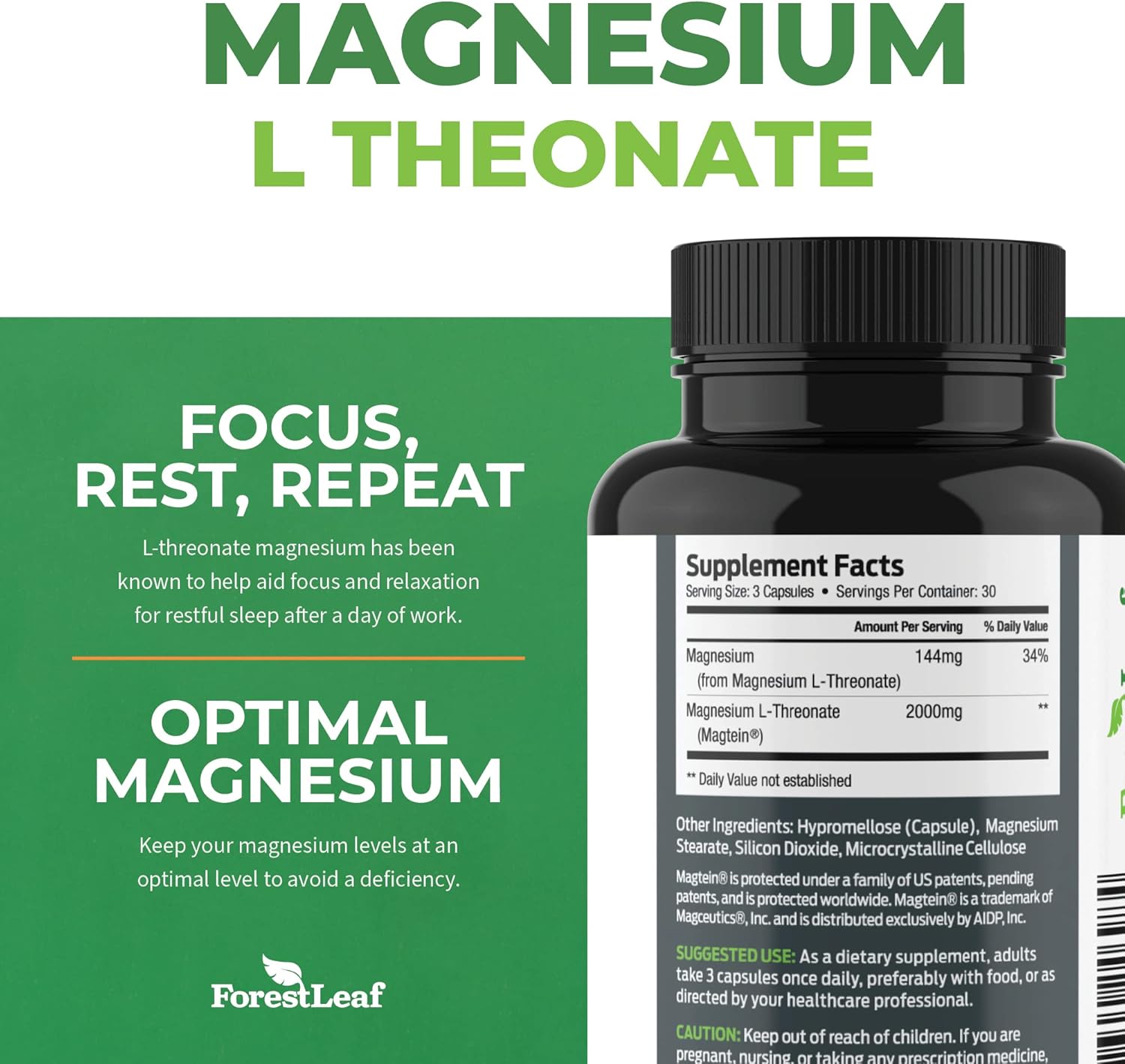 Forest Leaf Magnesium L-Threonate Magtein Capsules - 2000mg Magnesium Threonate Supplement Supports Cognitive Function, Focus, Brain, Deep Calm and Sleep for Men & Women | 90 Powder Veg Caps
