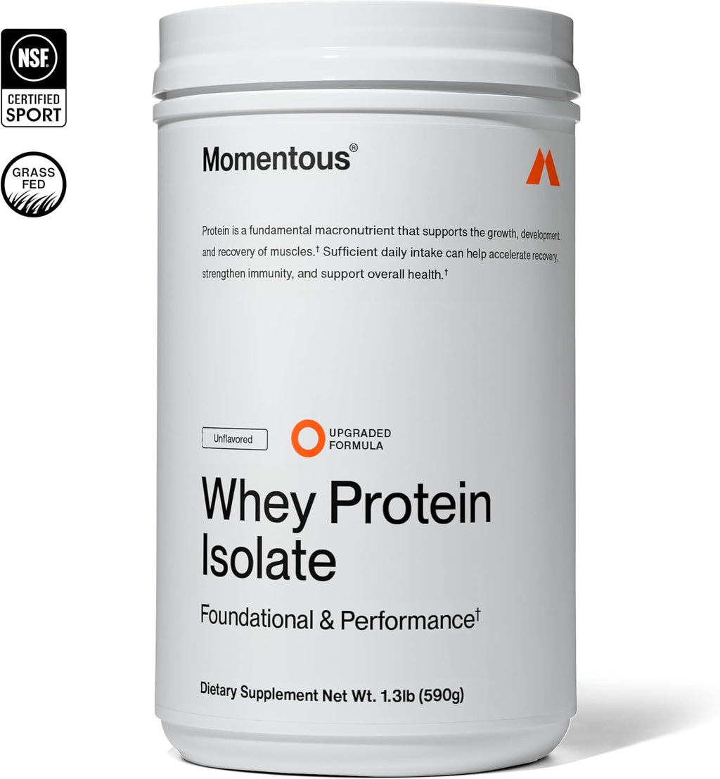Momentous Essential Grass-Fed Whey Protein Powder - 20 g Whey Isolate Protein - NSF Certified for Sport - Gluten-Free - 24 Servings for Essential Everyday Use - Unflavored - Package May Vary