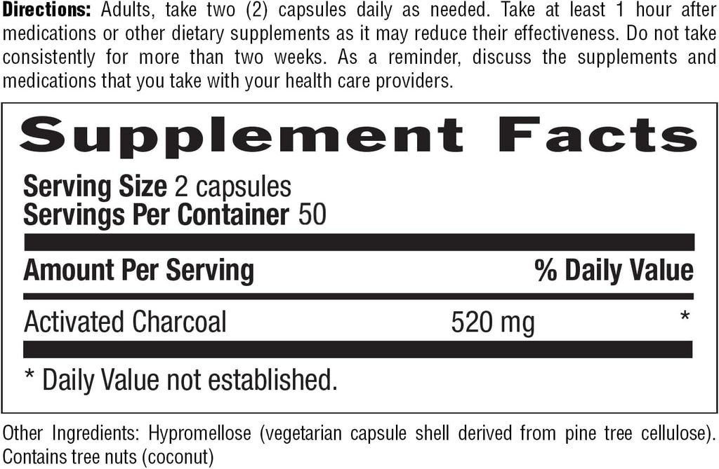 Country Life Coconut Activated Charcoal Capsules, 260mg – Natural Charcoal Supplement for Gas and Bloating Relief - Gluten-Free, 100 Vegan Capsules