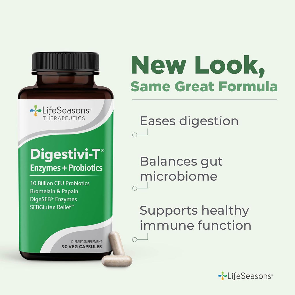 LifeSeasons Digestivi-T - Digestive Enzymes & 10 Billion CFU Probiotic Supplement - Supports Gut & Immune Health - Bloating & Digestion Relief for Women & Men - 90 Capsules
