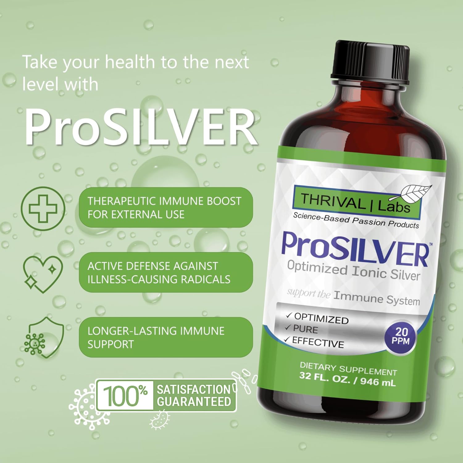Ionic Colloidal Silver Liquid 20 PPM Bio Active for Immune Support Glass Bottle 32oz 192 Servings Organic Supplement