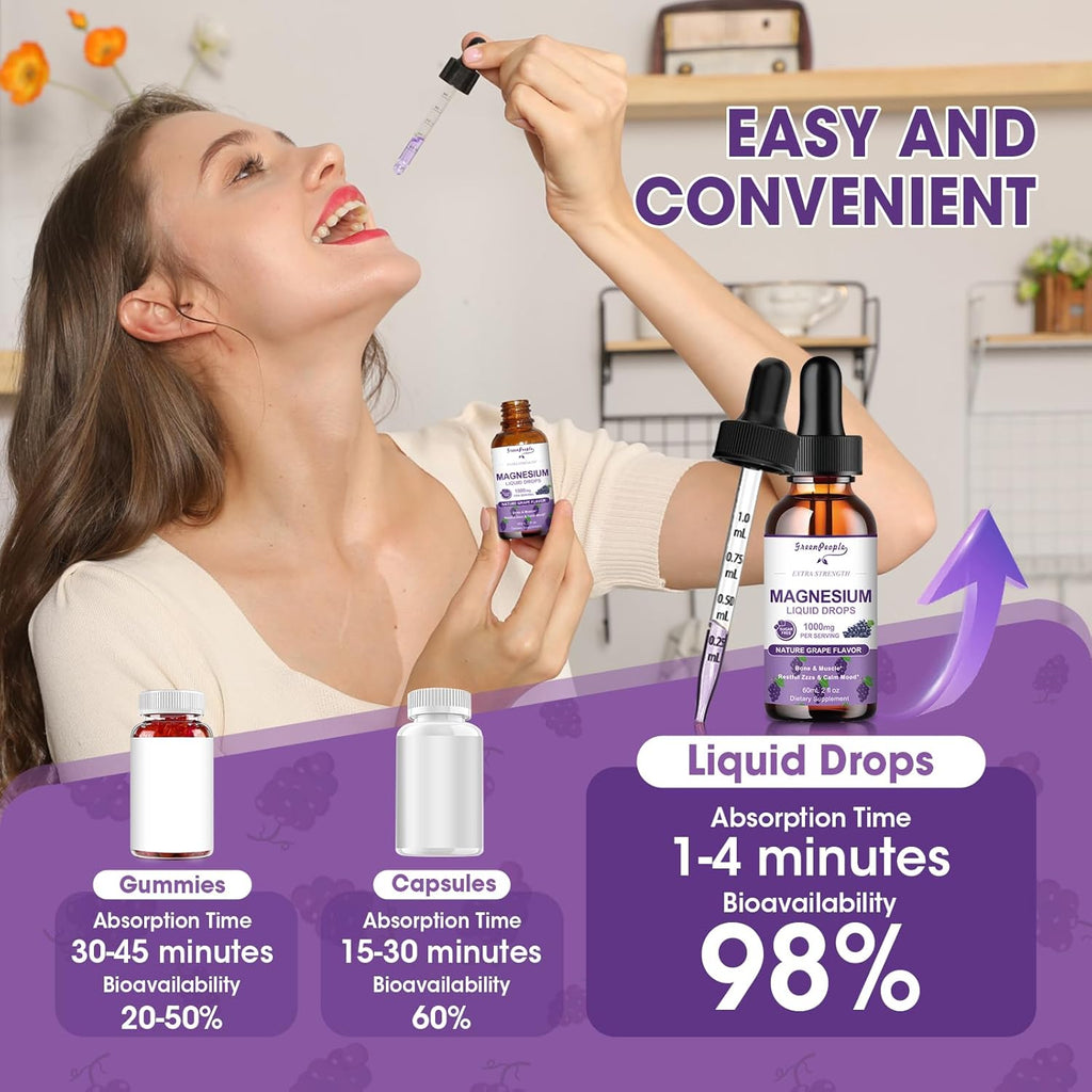 GREENPEOPLE Magnesium Glycinate Liquid Drops - 1000mg 5-in-1 High Absorption Liquid Magnesium for Sleep with D3/K2/B6 | Fast-Acting, Bone, Muscle & Sleep | Sugar-Free Grape Flavor, 2fl Oz