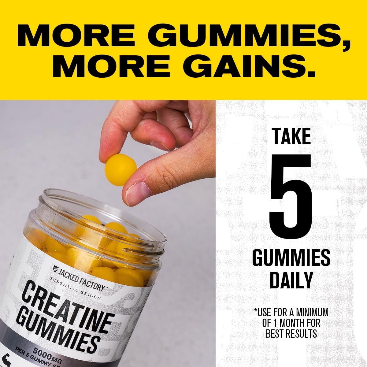 Jacked Factory Creatine Monohydrate Gummies 5g Daily Dose (1g per Gummy) - Creatine Gummy for Men and Women, Vegan-Friendly, Travel-Friendly, Third-Party Tested - 150 Gummies, Lemon