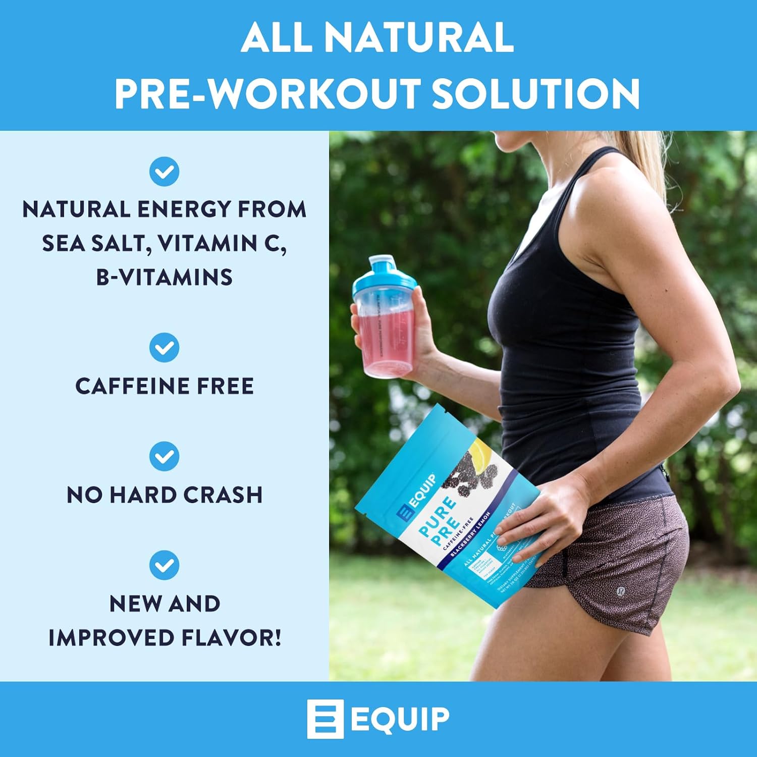 Equip Foods Pure Pre All Natural Pre-Workout Powder | Caffeine Free, EAA, Vitamin C, B6, B12, L-carnitine, Agnine | Naturally Boosts Workouts | 30 Servings, BlackBerry Lemon Decaffeinated