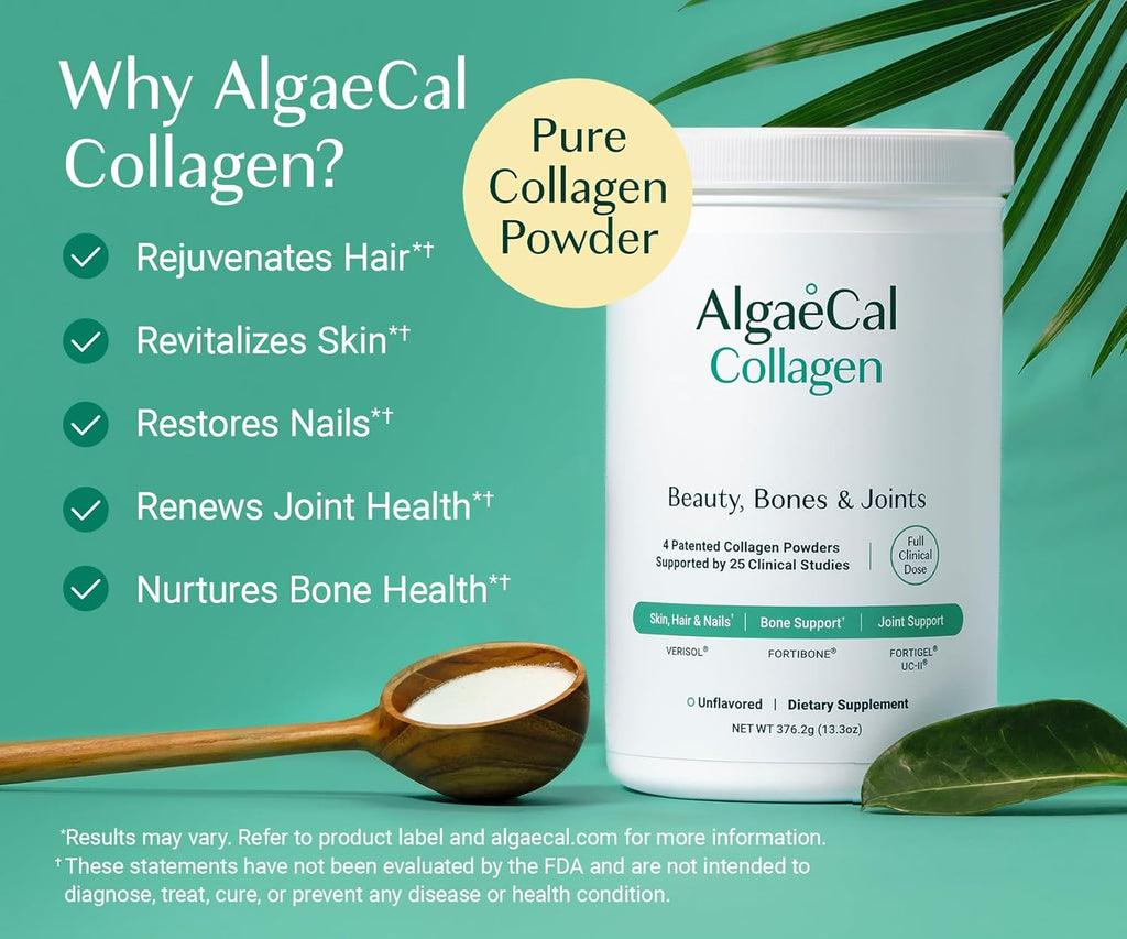 ALGAECAL Collagen - 4 Clinically-Supported Peptides VERISOL®, FORTIGEL®, UC-II®, FORTIBONE®, Anti-Aging Hydrolyzed Collagen Powder, 60 Servings, Made in USA