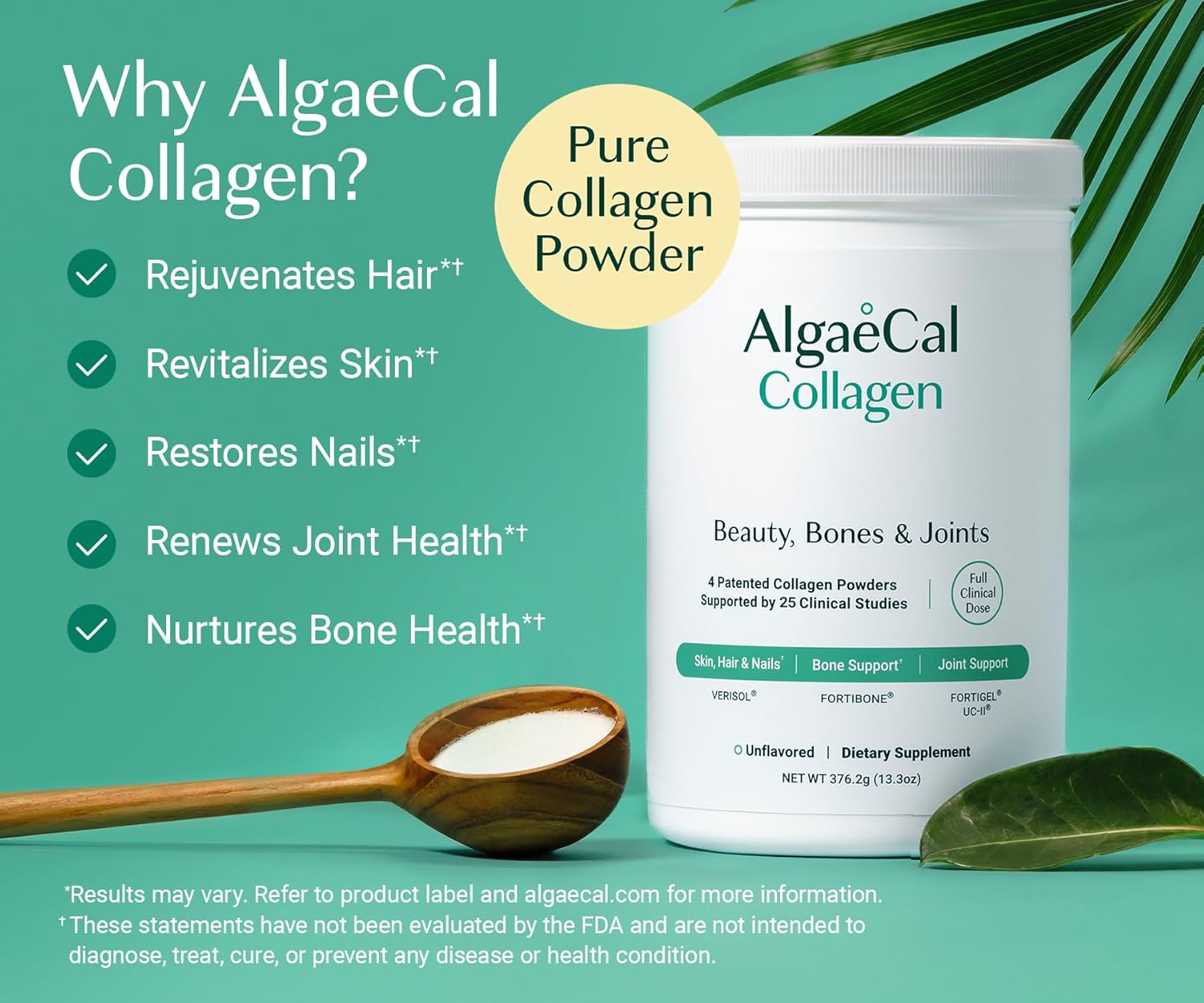 ALGAECAL Collagen - 4 Clinically-Supported Peptides VERISOL®, FORTIGEL®, UC-II®, FORTIBONE®, Anti-Aging Hydrolyzed Collagen Powder, 3 Packs, Made in USA