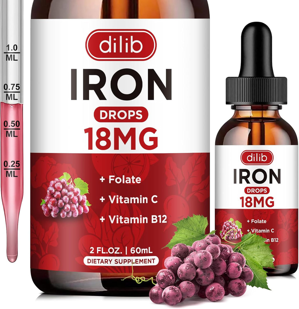 Liquid Iron Supplement for Women & Men Iron Drops Iron Supplements for Anemia with Folate, Vitamin C, B12 for Red Blood Cell Support-Grape, 2 Fl Oz