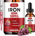 Liquid Iron Supplement for Women & Men Iron Drops Iron Supplements for Anemia with Folate, Vitamin C, B12 for Red Blood Cell Support-Grape, 2 Fl Oz