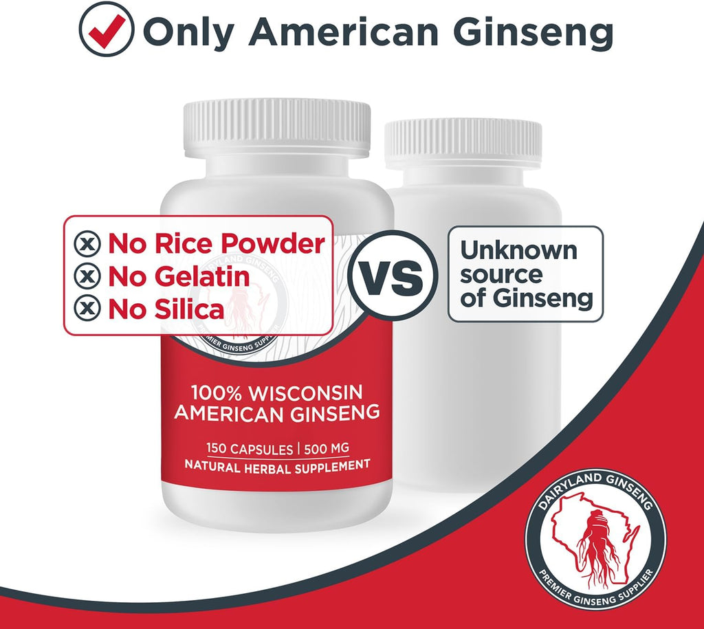 Dairyland American Ginseng Capsules - 150 ct, 500 mg - Wisconsin Ginseng Complex Capsules - Authentic American Ginseng Root Extract - Ginseng Capsules for Use as a Daily Immune Support Herb Supplement