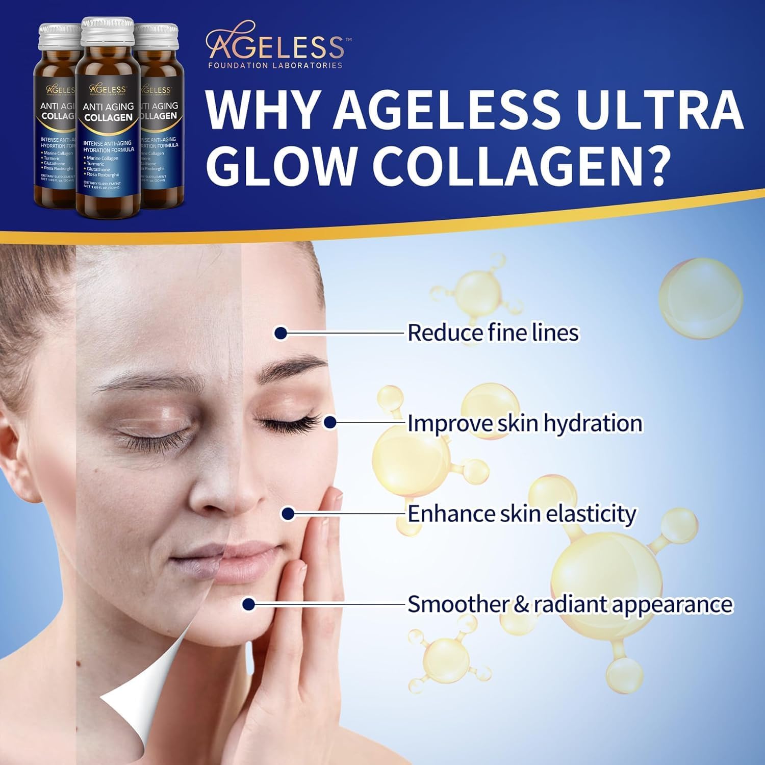 Ageless Ultra Anti Aging Liquid Collagen for Men & Women, Marine Collagen, Turmeric, Glutathione, and Rosa Roxburghii, Multi Vitamins, Skincare, Hydrating & Revitalizing Formula - 50 ml (10 Count)