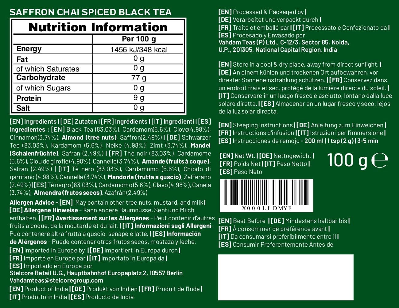 VAHDAM Saffron Spiced Chai (Loose Leaf, 50 Cups, 100g) | Black Tea with Cardamom, Cinnamon, Clove, Almond & Saffron | Enjoy Hot, Iced, or as a Chai Latte