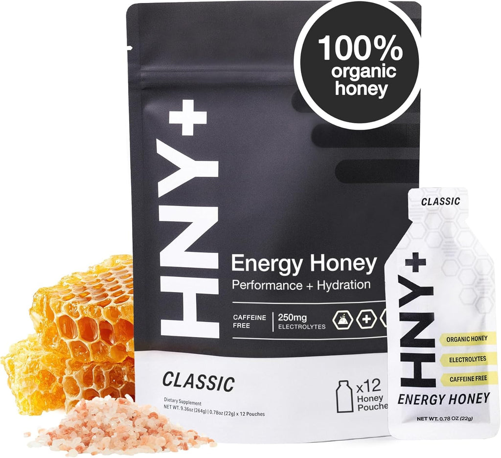 HNY+ Organic Honey Energy Gel with Electrolytes, Magnesium, Sea Salt & Potassium, Gluten Free & Vegan, Workout Gels, for Gym, Running, Cycling & Hiking, Sports Nutrition, Caffeine Free, 12 Pack