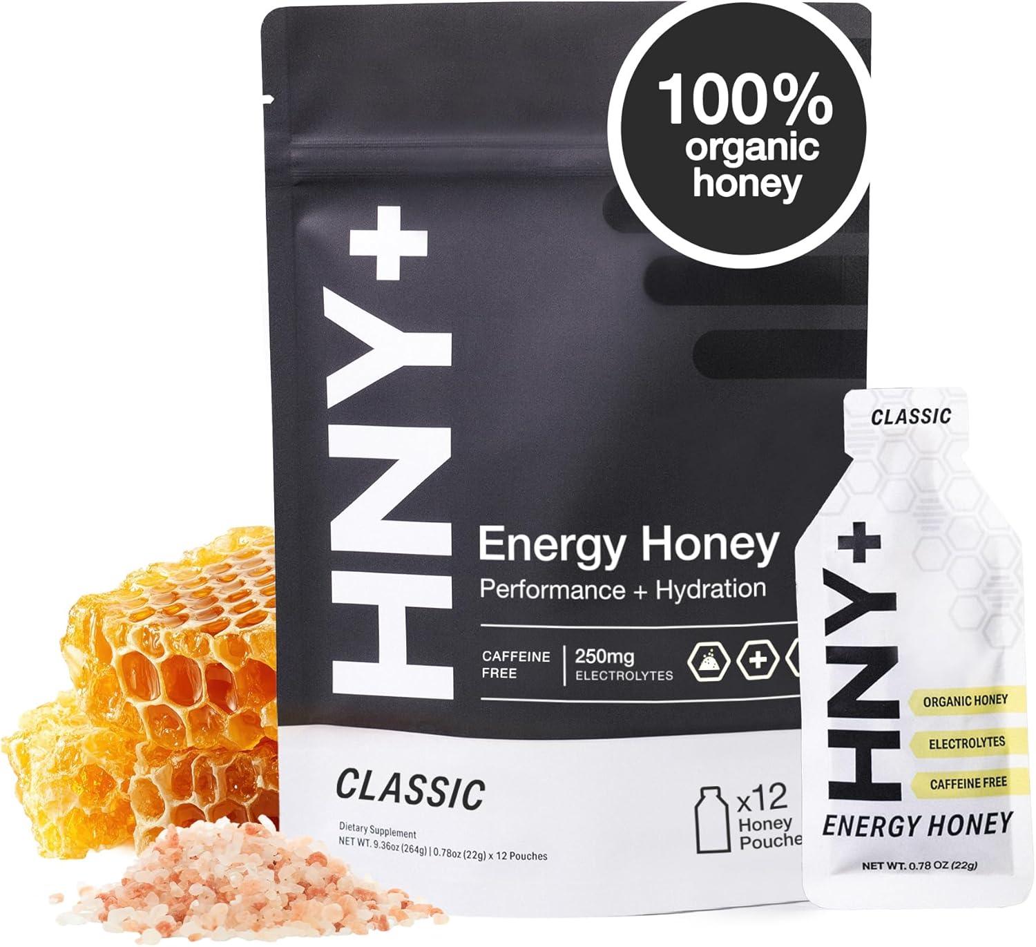 HNY+ Organic Honey Energy Gel with Electrolytes, Magnesium, Sea Salt & Potassium, Gluten Free & Vegan, Workout Gels, for Gym, Running, Cycling & Hiking, Sports Nutrition, Caffeine Free, 12 Pack