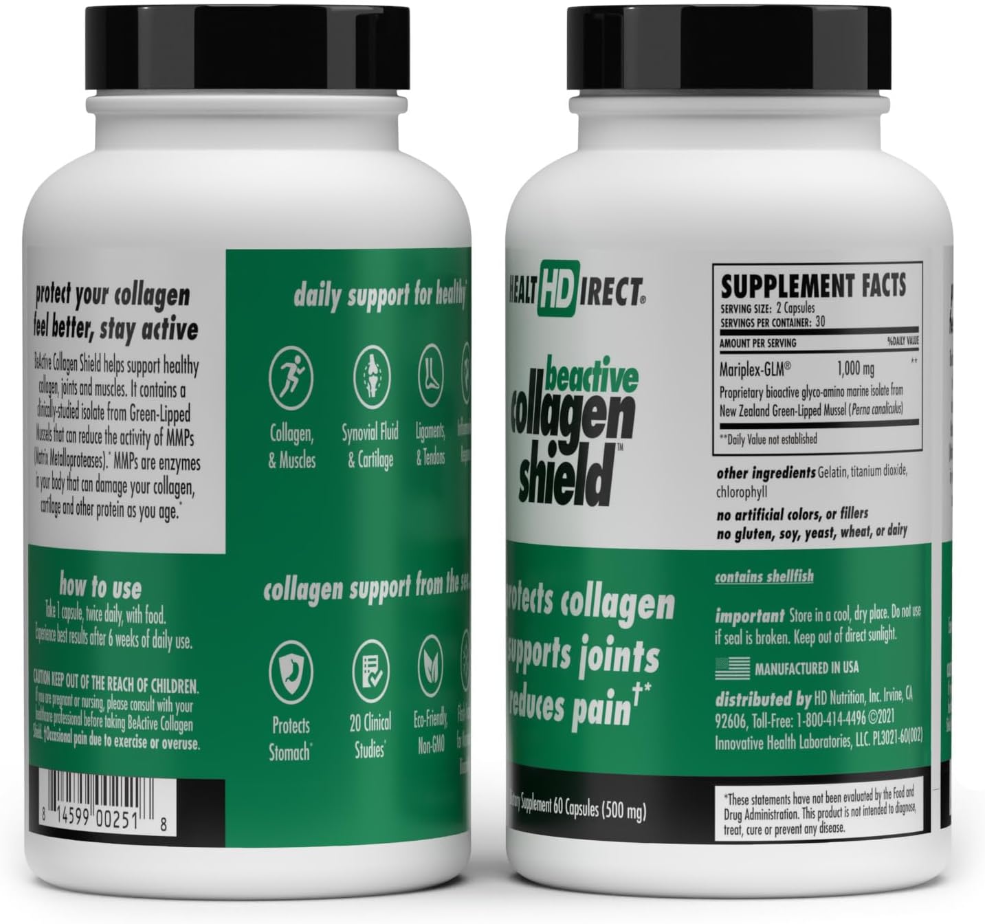 HEALTH DIRECT - BeActive Collagen Shield - 60 Capsules - Advanced Green-Lipped Mussel Supplement for Collagen Protection - Supports Collagen in Skin, Joints and Muscles