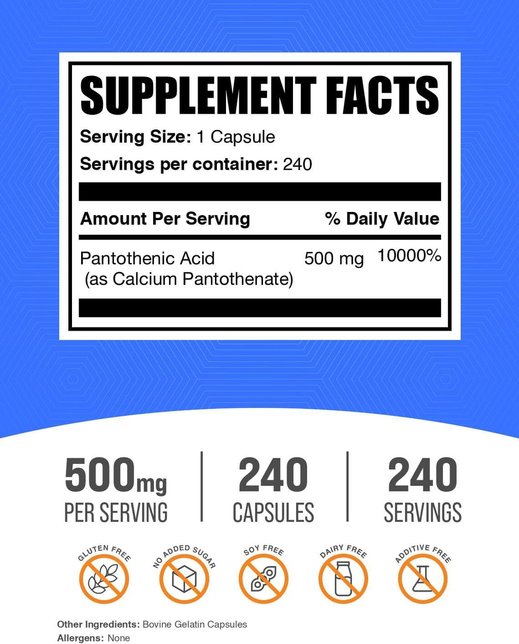 BulkSupplements.com Vitamin B5 Capsules - as Pantothenic Acid, B Vitamin Supplement, Pantothenic Acid 500 mg - Gluten Free, 1 Capsule per Serving, 240 Capsules (Pack of 1)
