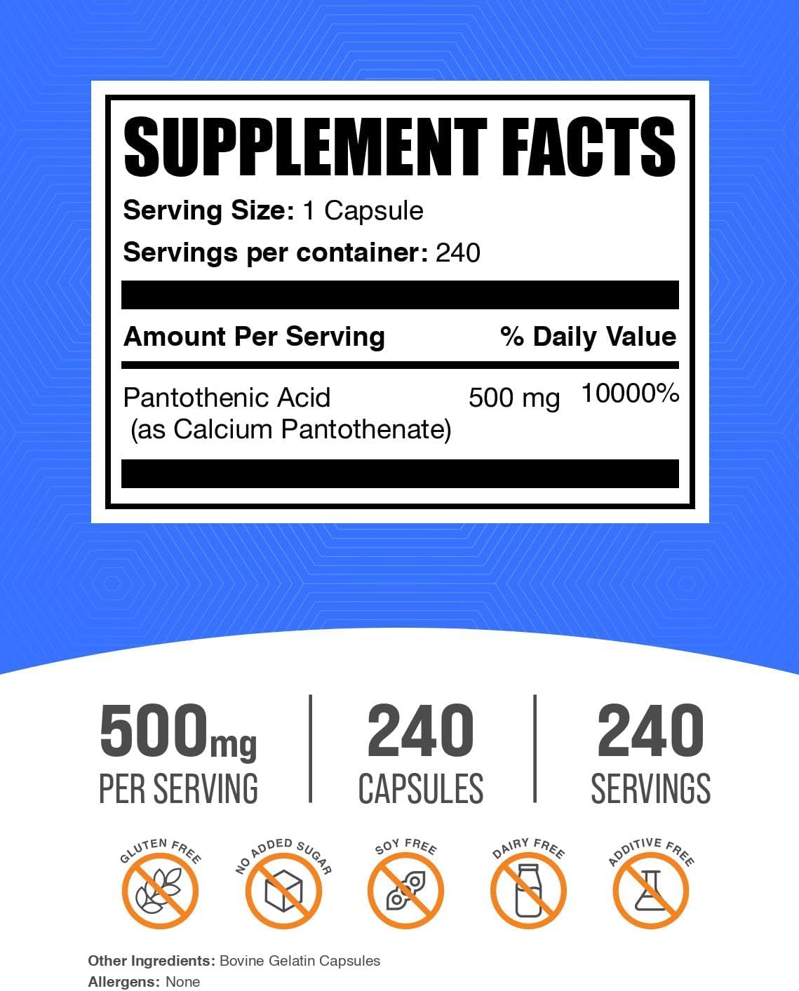 BulkSupplements.com Vitamin B5 Capsules - as Pantothenic Acid, B Vitamin Supplement, Pantothenic Acid 500 mg - Gluten Free, 1 Capsule per Serving, 240 Capsules (Pack of 1)