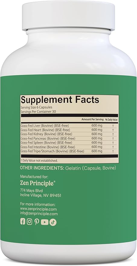 Zen Principle Grass Fed Beef Organs Supplement – Desiccated Liver, Heart, Kidney, Pancreas, Spleen, Intestine & Tripe/Stomach – Grass-Fed & Grass-Finished on The Natural Pastures of New Zealand
