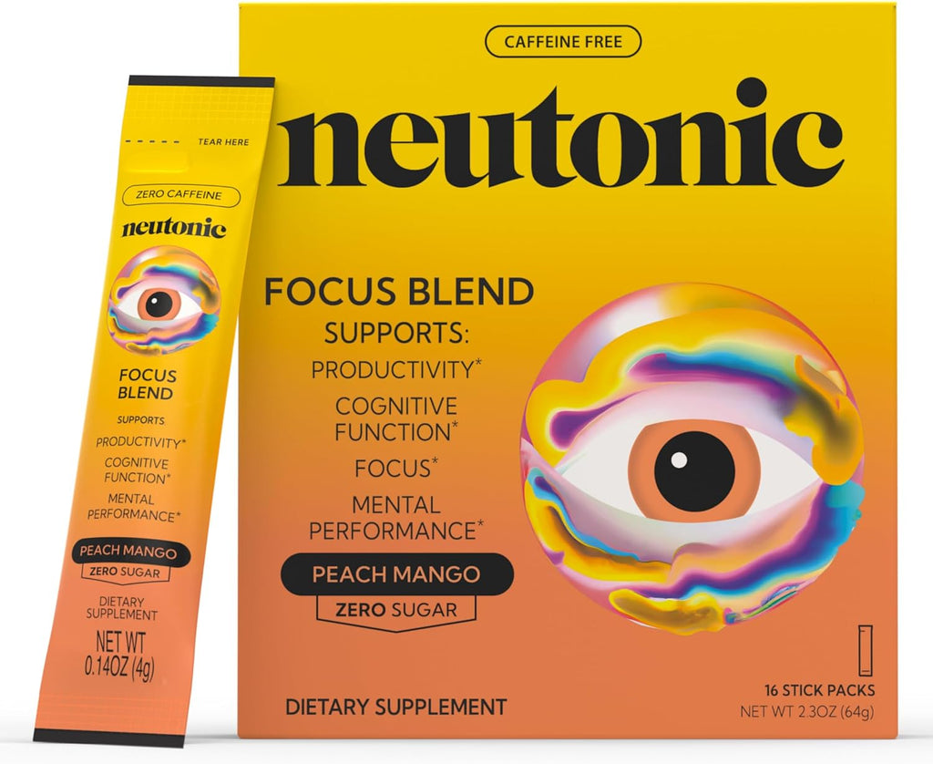 Neutonic Nootropic Focus Blend Powder | Peach Mango 16 Sticks | Caffeine Free, Zero Sugar | Support Memory, Mental Clarity, Cognitive Function | Boost Focus, Energy, Brain Health