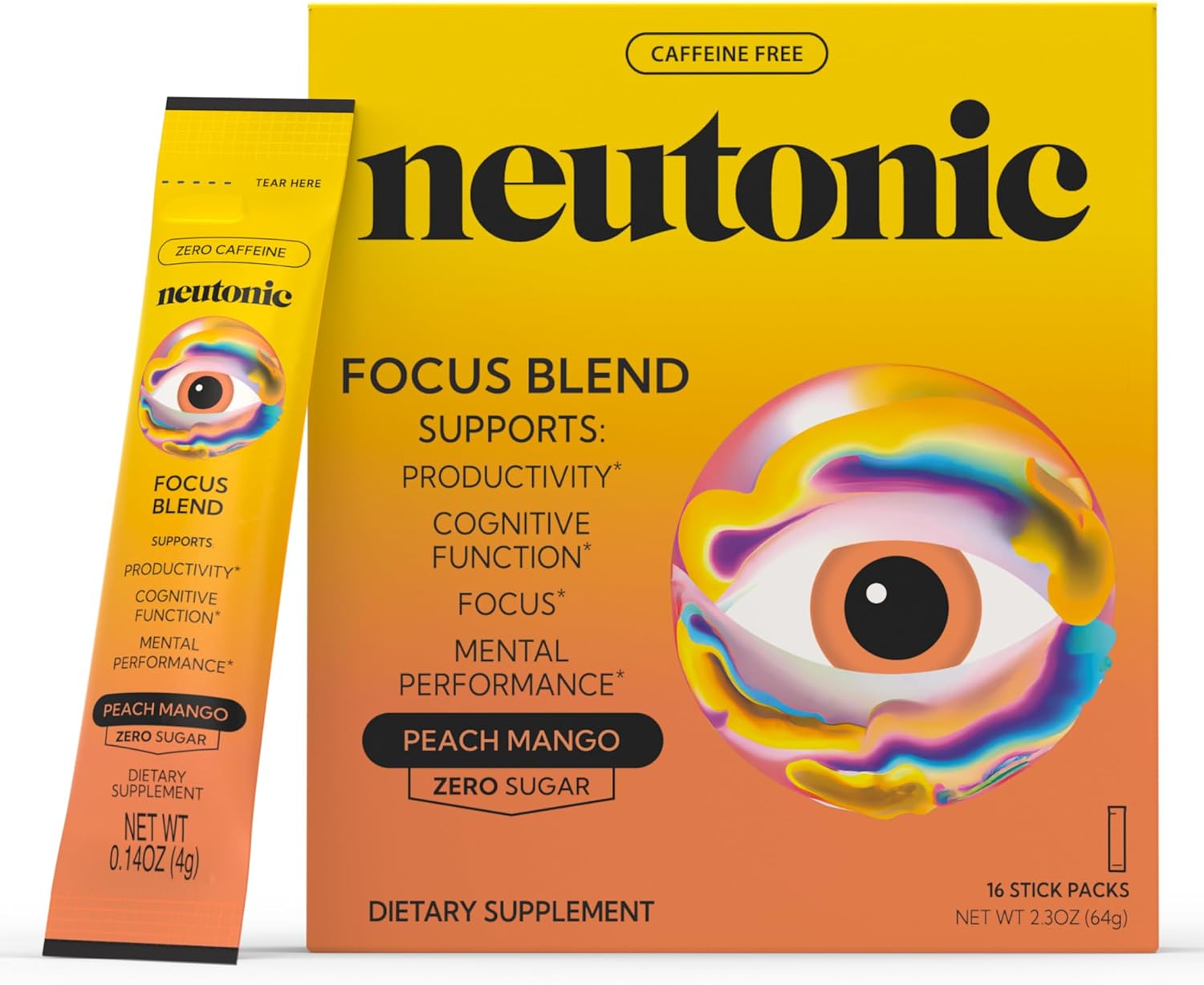Neutonic Nootropic Focus Blend Powder | Peach Mango 16 Sticks | Caffeine Free, Zero Sugar | Support Memory, Mental Clarity, Cognitive Function | Boost Focus, Energy, Brain Health