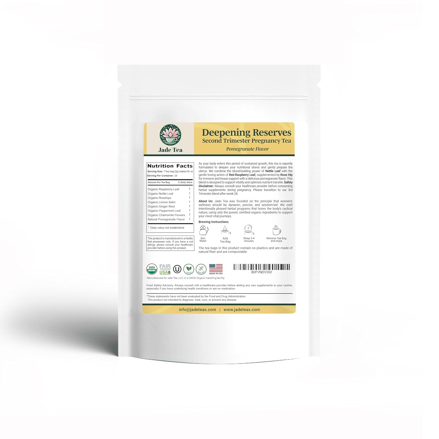 Jade Tea - Organic Second Trimester Pregnancy Tea | Uterine Toning Prep & Sustained Prenatal Mineral Support | Caffeine-Free, Fair Trade, Sustainable, Made In USA (Pomegranate)