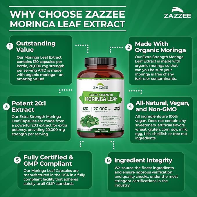 Zazzee Organic Moringa 20:1 Extract, 20,000 mg Strength, 120 Vegan Capsules, 100% Pure Oleifera Leaf Superfood, Concentrated and Standardized 20X Extract, All-Natural, Non-GMO, Made in The USA