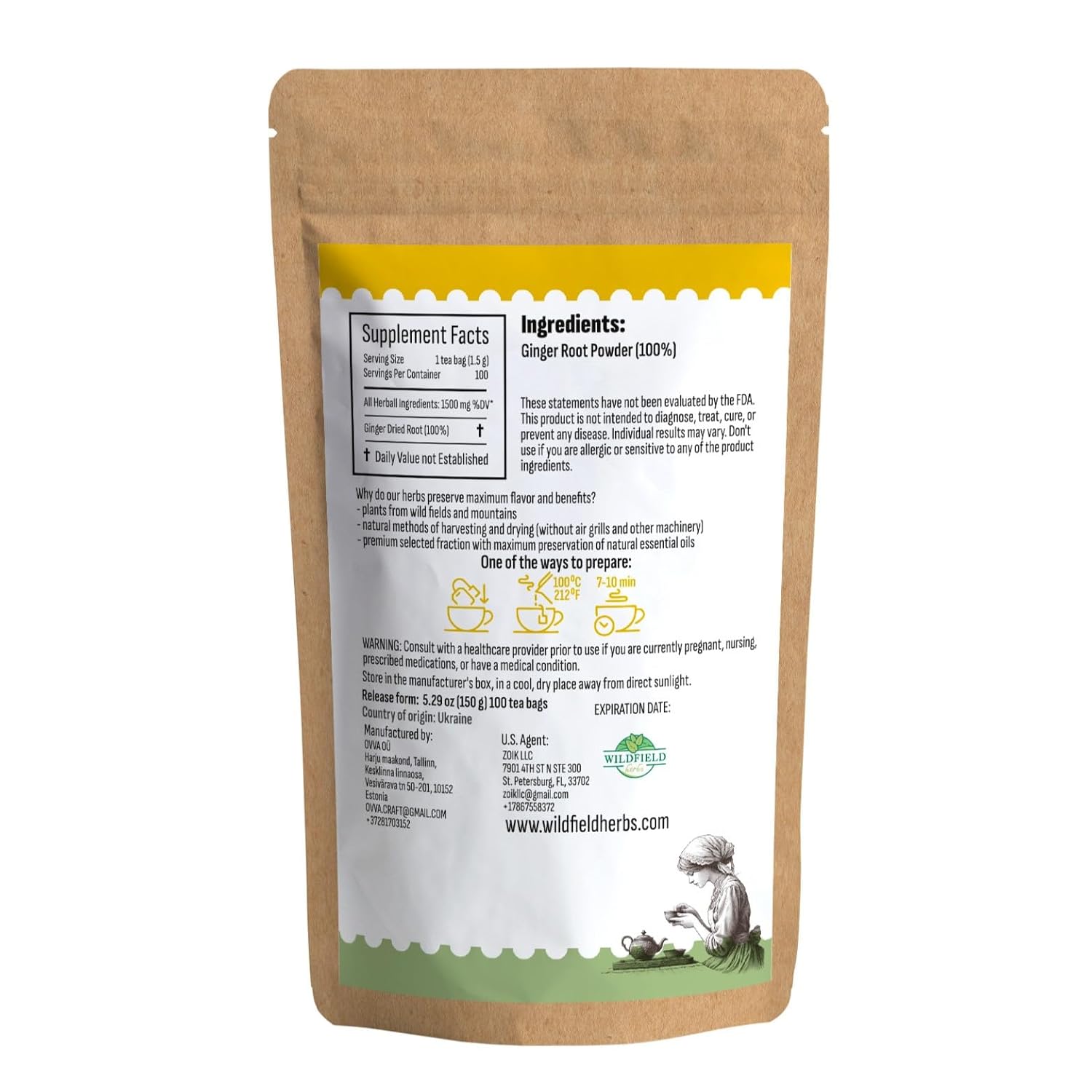 100 Bags Ginger Tea Ginger Root Tea Dry Dried Herb (Zingiber Officinale) - 100 Count 1.5g Bags Raíz De Jengibre