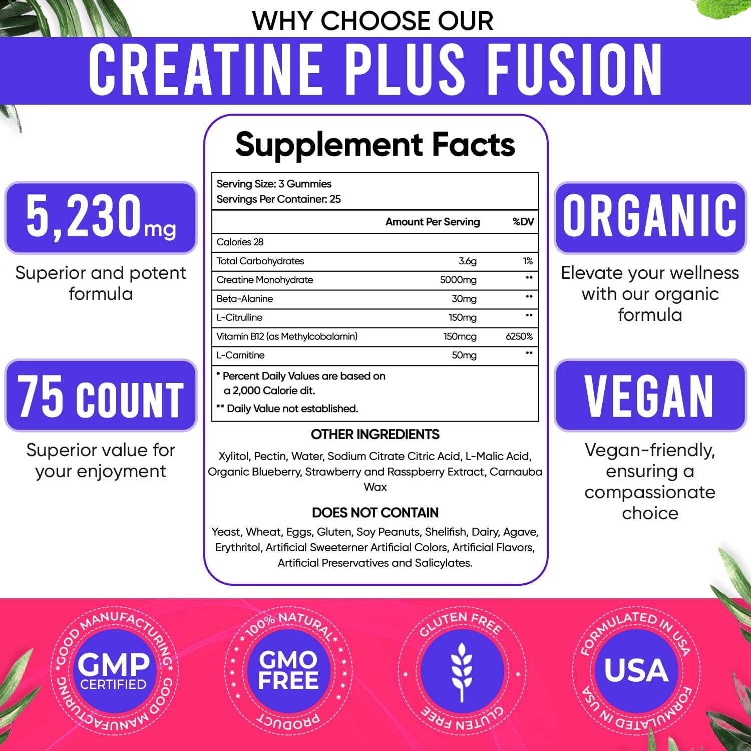 Adndale Creatine Monohydrate Gummies for Men & Women, 5000mg per Serving Creatine Supplement with Beta-Alanine, L-Citrulline & B12 - Supports Strength and Energy - 75 Vegan Gummies, Sugar-Free