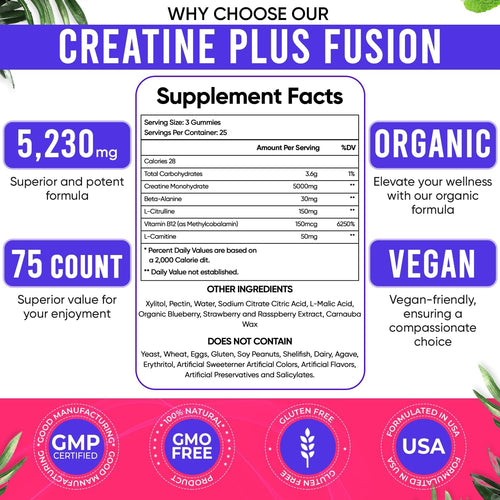 Adndale Creatine Monohydrate Gummies for Men & Women, 5000mg per Serving Creatine Supplement with Beta-Alanine, L-Citrulline & B12 - Supports Strength and Energy - 75 Vegan Gummies, Sugar-Free