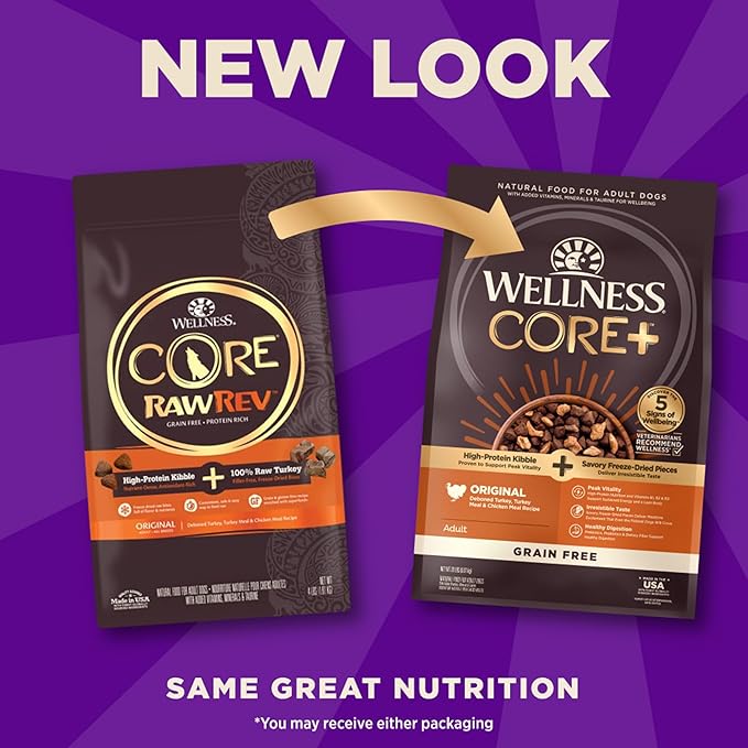 Wellness CORE+ Dry Dog Food with Freeze Dried Pieces, Grain Free, High Protein, Natural, Original Turkey & Chicken Recipe, (20-Pound Bag)