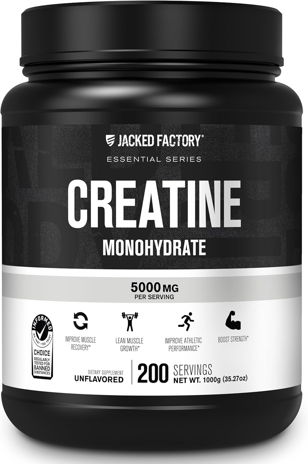 Jacked Factory Creatine Monohydrate Powder 1000g - 5g Daily Creatine Supplement for Men and Women, Vegan-Friendly, Third-Party Tested - 200 Servings, Unflavored