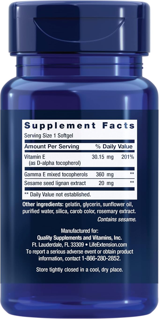 Life Extension Gamma E Mixed Tocopherols, Healthy Aging, Vitamin E Supplement, Enhanced with Sesame lignans, Gluten-Free, Non-GMO, 60 softgels