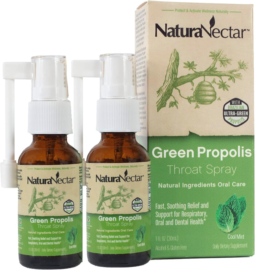 NaturaNectar Green Bee Propolis Throat Spray | Fast, Soothing Throat Care Wellness Support | Non-Alcoholic Family Friendly Formula (2-Years and up) | Sustainable Beekeeping | Eco-Friendly (2 Pack)