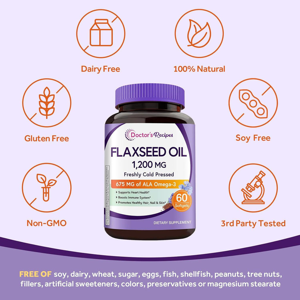 Doctor's Recipes Flaxseed Oil, 1200 mg, Freshly Cold Pressed, High in ALA, Omega 3 6 9, No Gluten, No Soy, for Heart Health, Non GMO, 60 Softgels