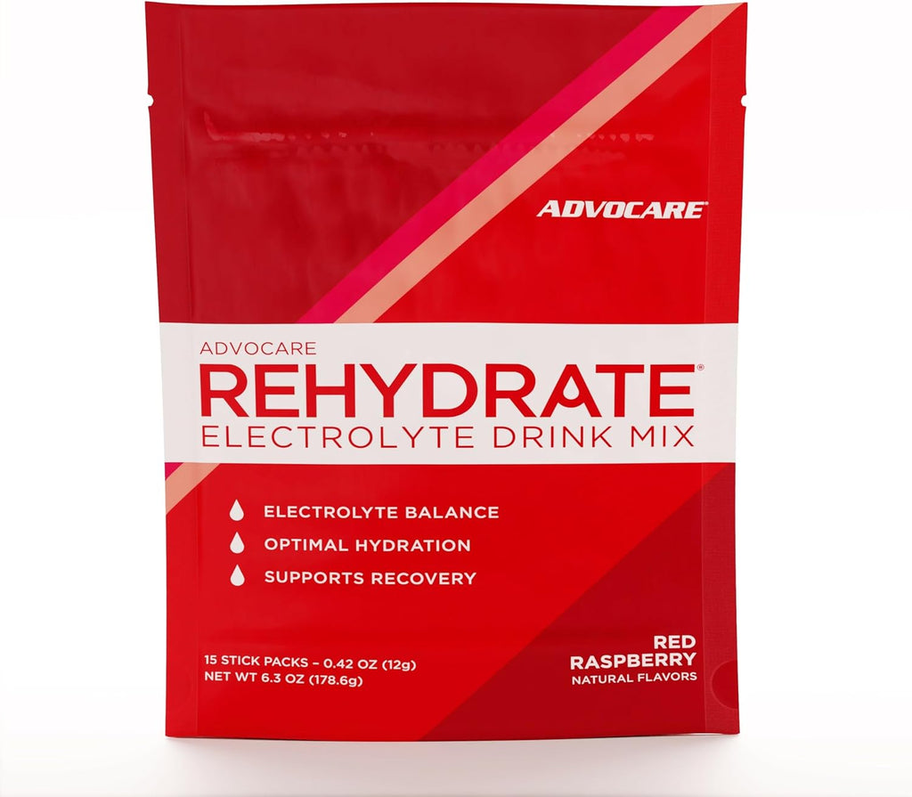 AdvoCare Rehydrate - Electrolyte Drink Mix - Includes Magnesium, Sodium, Potassium & Calcium - Antioxidant & Amino Acid Fortified - Hydration & Recovery - Red Raspberry, 15 Stick Packs (6.3 oz)