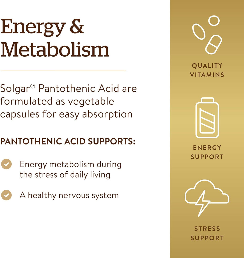 Solgar Pantothenic Acid 550 mg Vegetable Capsules Vitamin B5 Energy Metabolism Nervous System Support Gluten Free Dairy Free Kosher Servings, Standard Packaging, 100 Count