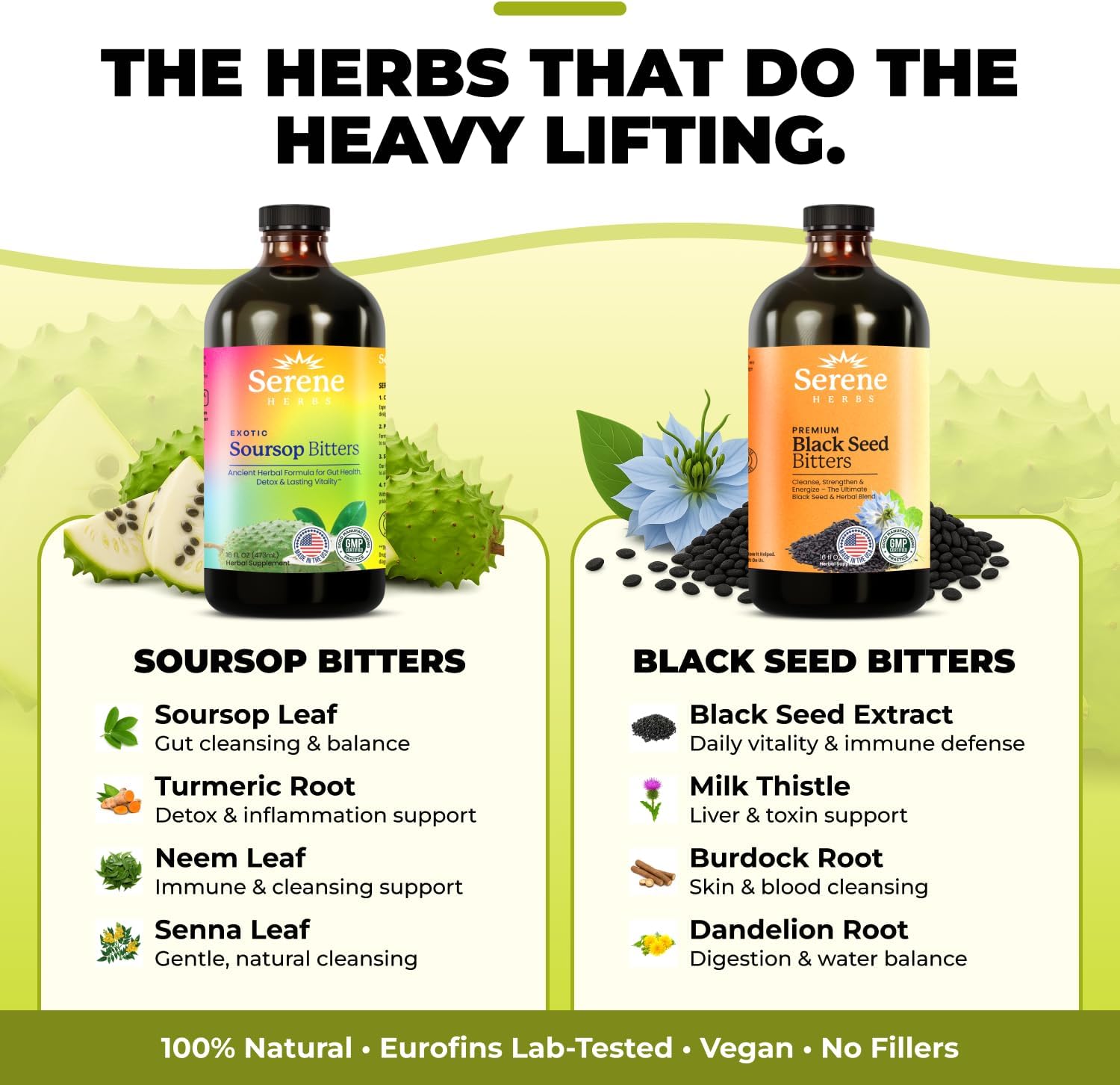Serene Herbs Soursop Bitters Liquid & Black Seed Bundle – Organic Herbal Guanabana for Digestive Support & Immune Health – Vegan, Non-GMO – 32 oz (16 oz Each), 64 Servings