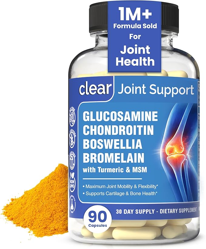 Glucosamine Sulfate 1500mg Chondroitin & MSM Joint Support - 8-in-1 Formula with Turmeric & Boswellia - Easy-to-Swallow Capsules, Gentle on Stomach for Back, Knee & Hip Support - 90 Capsules