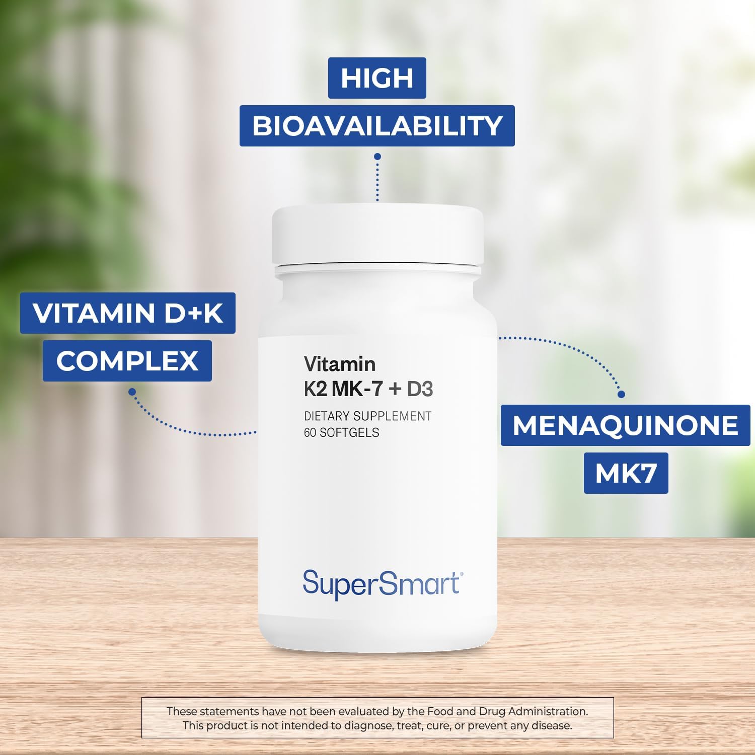 Supersmart - Vitamin K2 MK7 + D3 (Menaquinone 7) 90 mcg per Day - Bones & Heart Health Supplement - Immune Support | Non-GMO & Gluten Free - 60 Softgels
