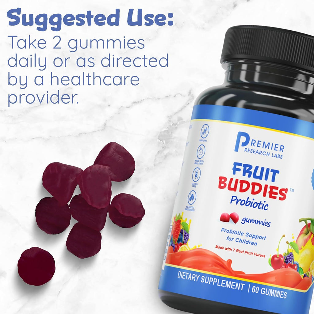 Premier Research Labs FruitBuddies Kids Probiotic Gummies - Probiotics for Kids, Toddler Probiotic Vitamin with Fiber for Digestive Health, Children's Gut Health, Immune Support - 60 Vegan Gummies