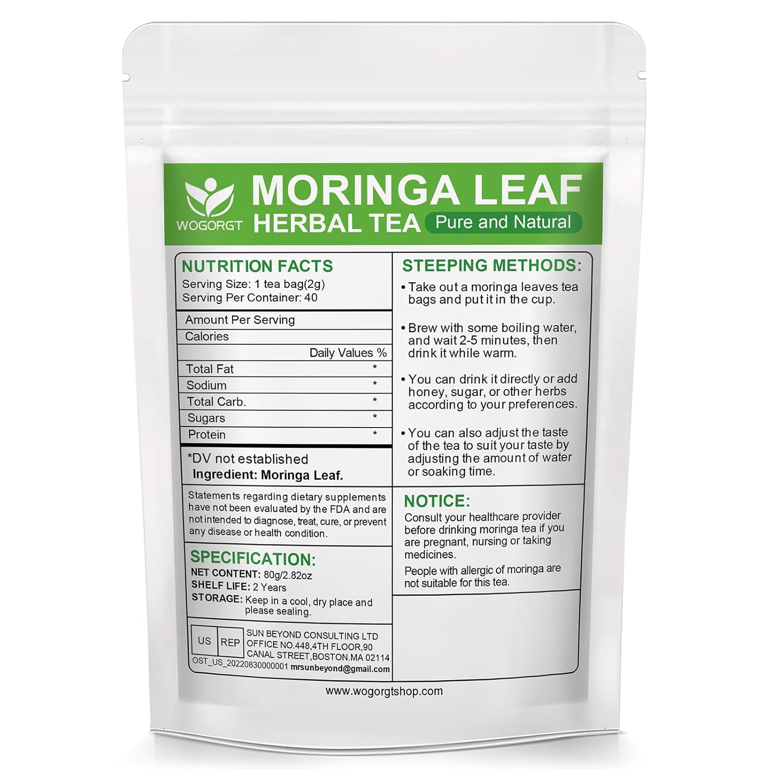WOGORGT Organic Moringa Tea Bags - Pure Moringa Leaves Herbal Tea from India - Rich in Natural Antioxidants & Supports Daily Wellness - Caffeine Free, Sugar Free, Vegan - 40 Tea Bags