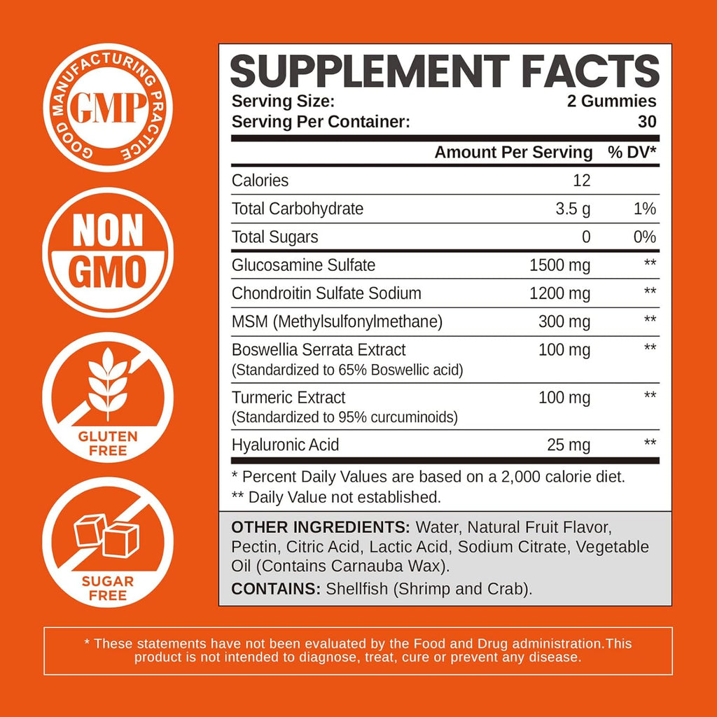Glucosamine Chondroitin Gummies Sugar Free, Gummies Supplements for Adults Men & Women, 60 Count